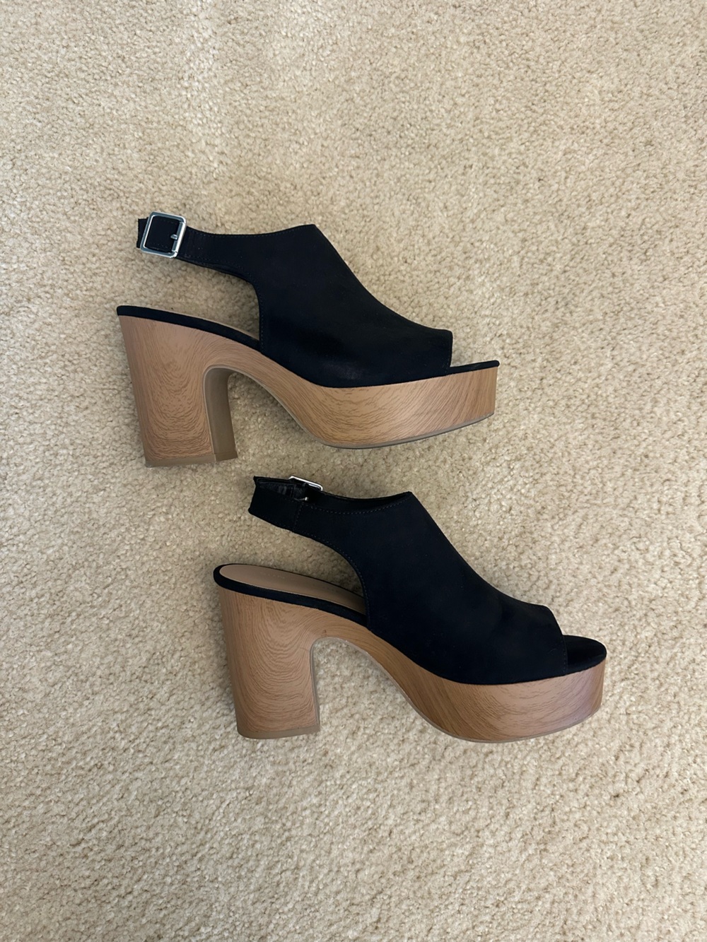 Sun + Stone 9 Black Suede Platform Peep-Toe Slingback Heels Wood Block Heel